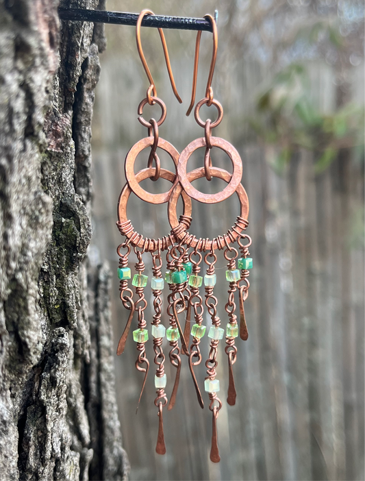 Copper Wire Chandelier Earrings Green