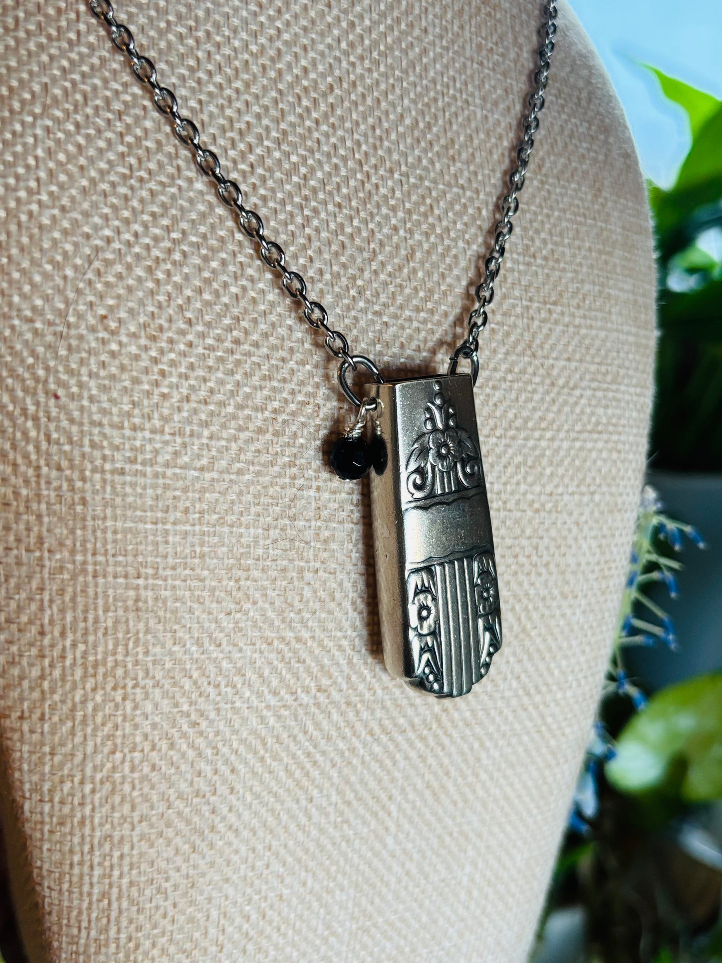 Up-Cycled Vintage Silverware Essential Oil Diffuser Pendant with Black Onyx