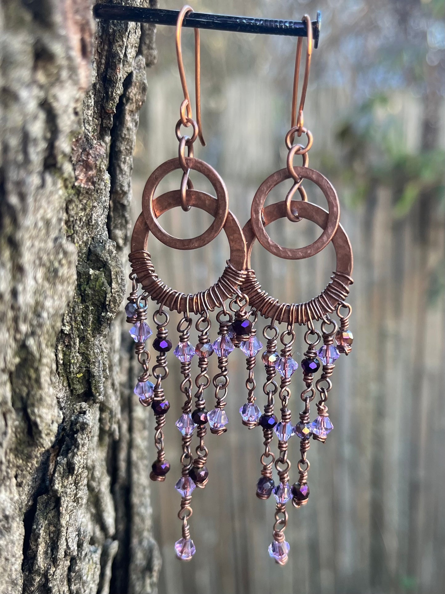 Copper Wire Chandelier Earrings Purple Large