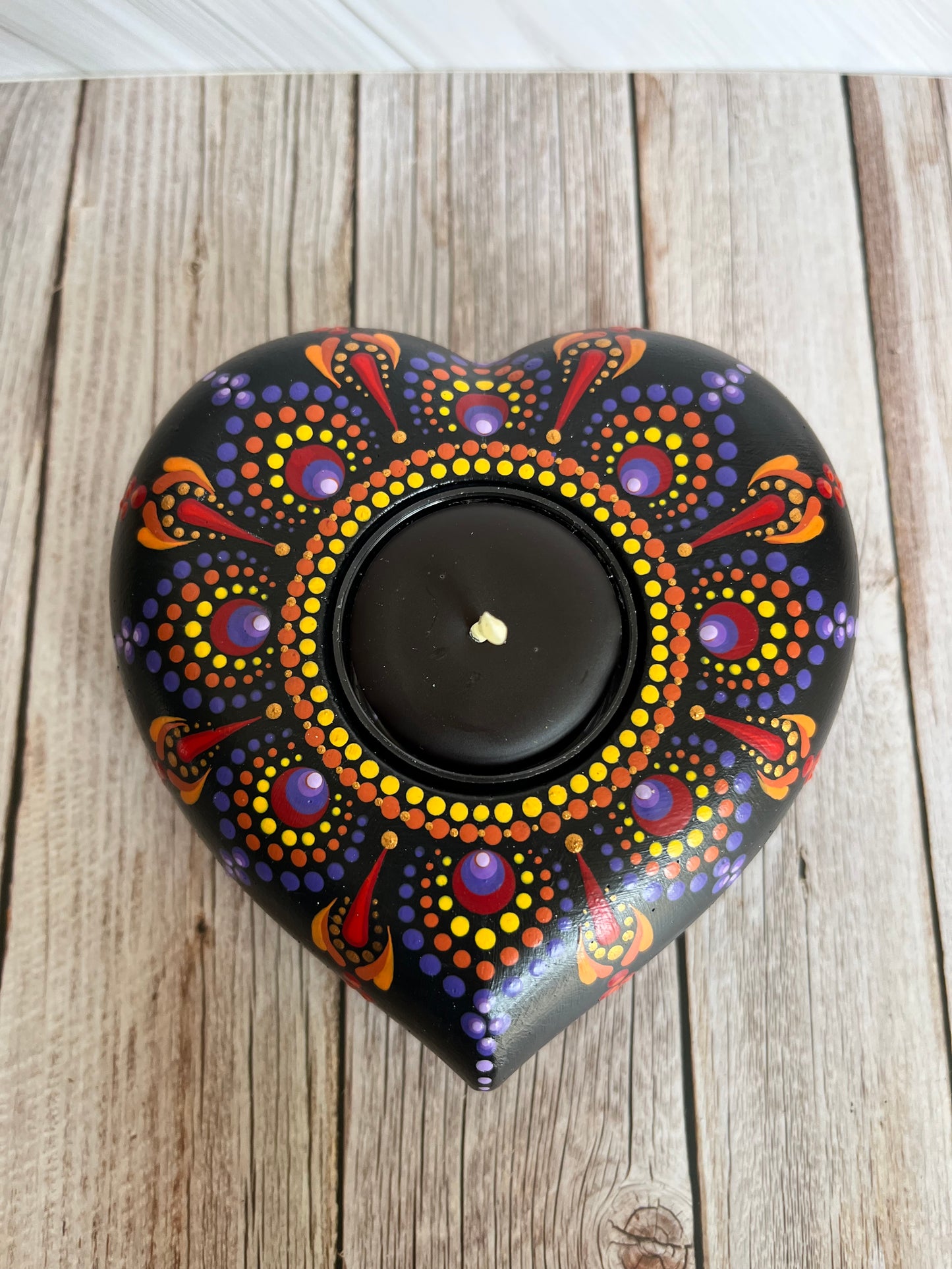 Concrete Heart Mandala Tealight Tea Light Holder Red, Orange, Yellow and Purple