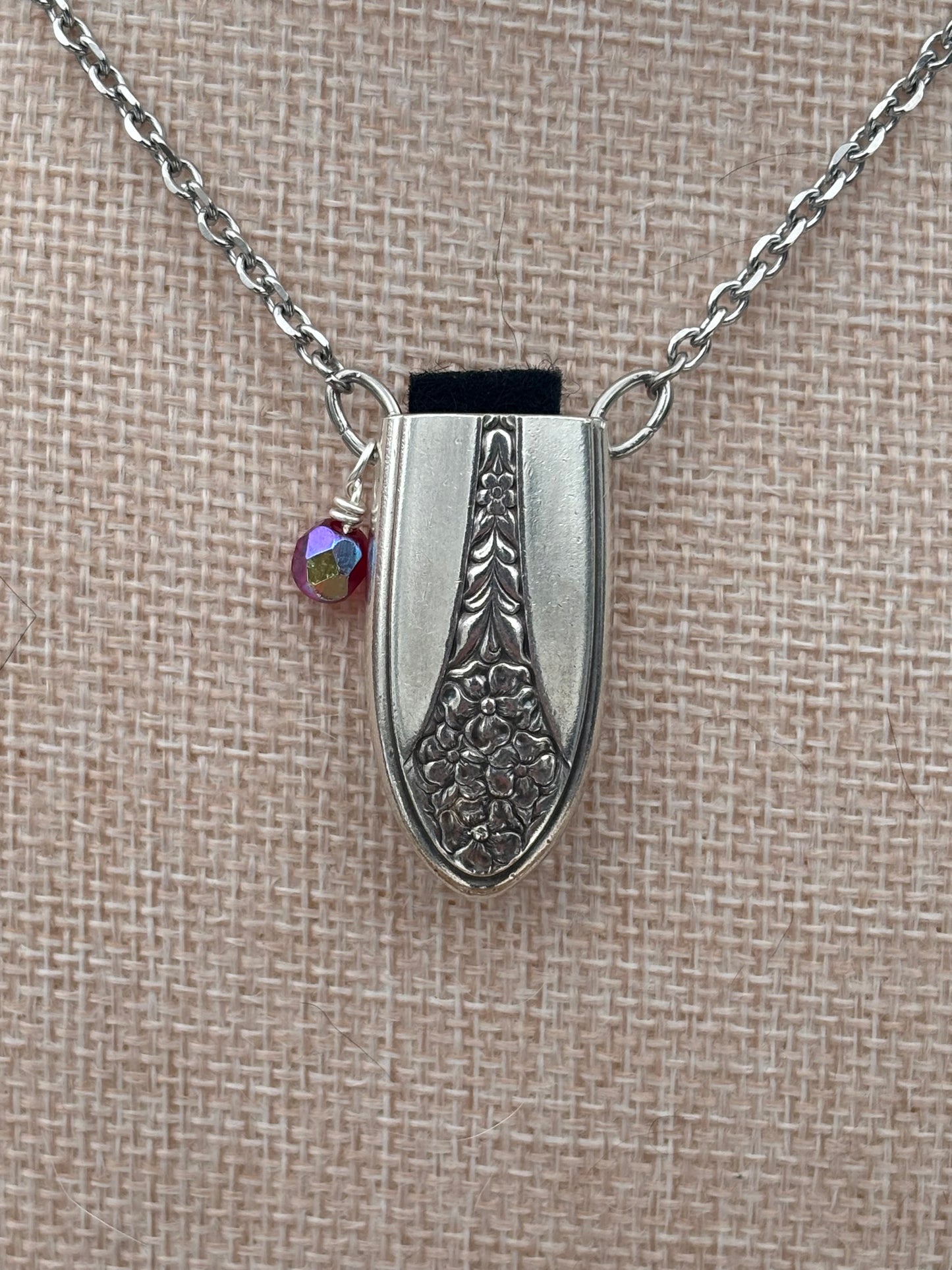 Up-Cycled Vintage Silverware Essential Oil Diffuser Pendant with Red Crystal