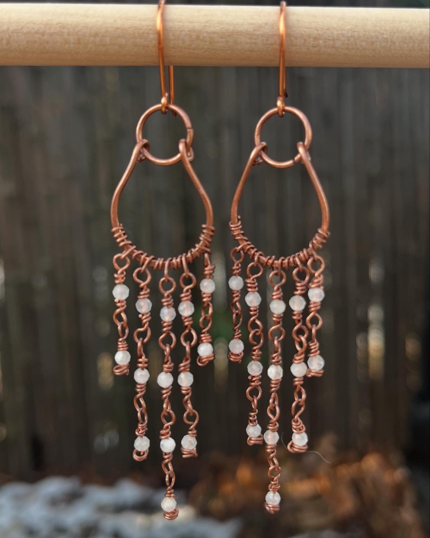 Copper Wire Chandelier Earrings Czech Moonstone Beads