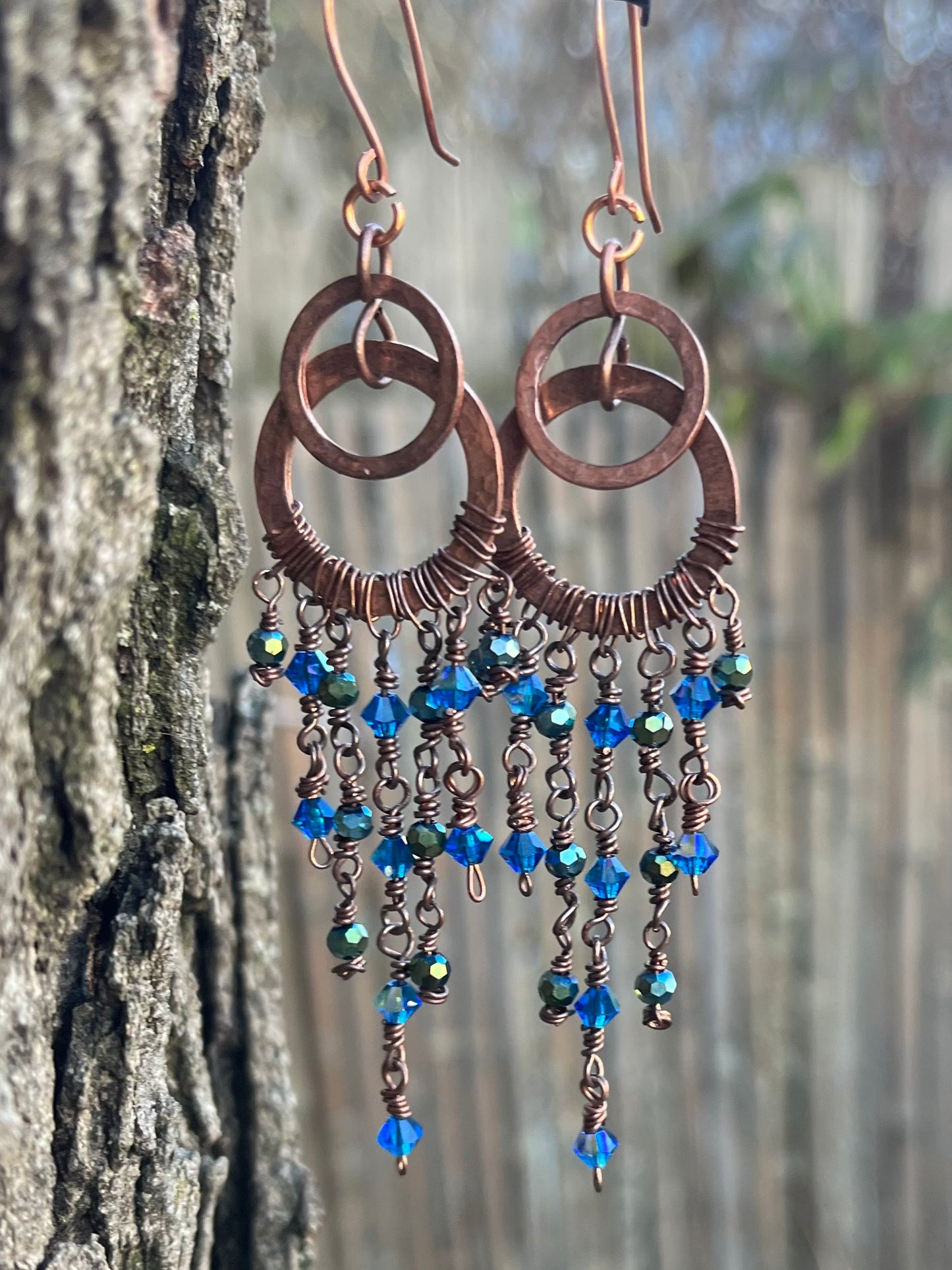 Copper Wire Chandelier Earrings Blue Large