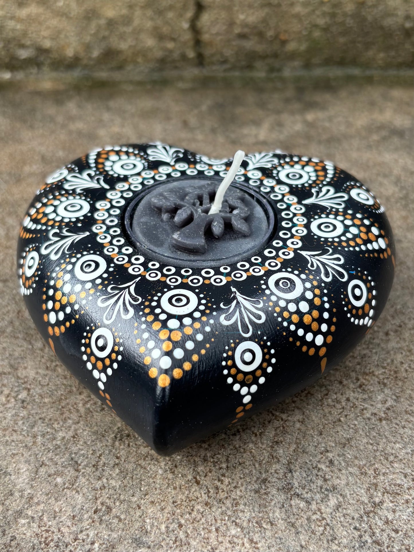 Concrete Heart Mandala Tealight Tea Light Holder Black and White