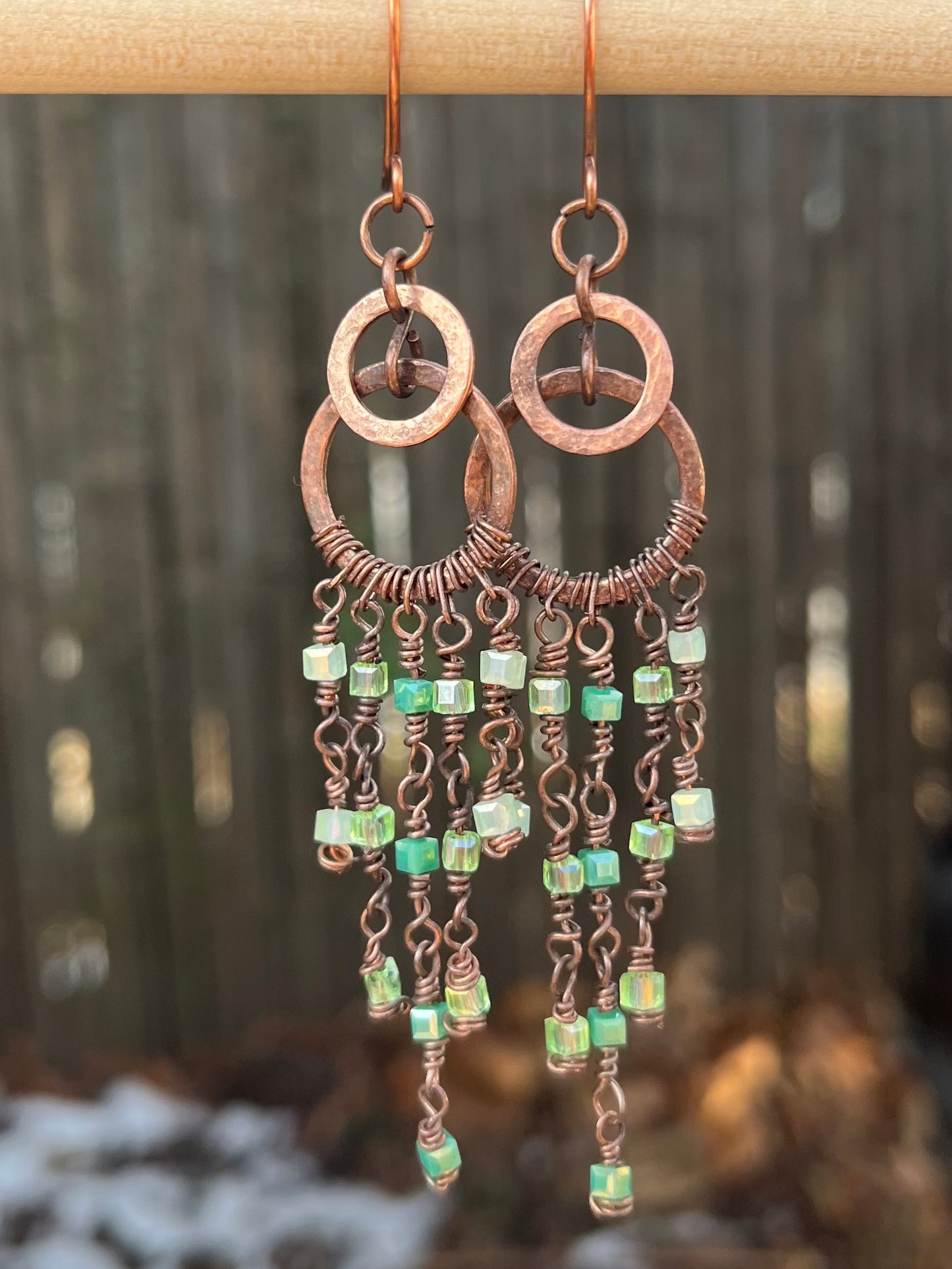 Copper Wire Chandelier Earrings Green