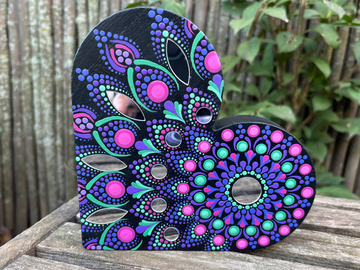 Hand Painted Mandala Mirror Heart - Jewel Tones