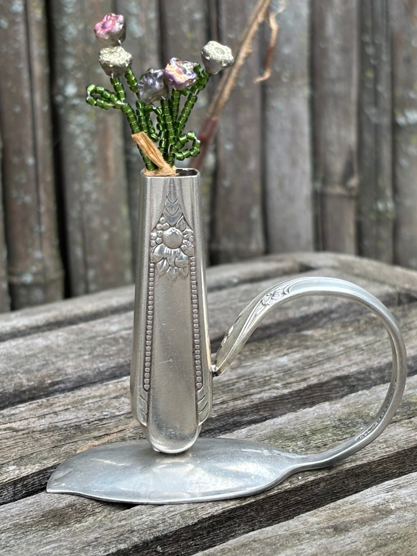 Upcycled Silver Plate Knife Handle Bud Vase with Handmade Czech Glass Flowers