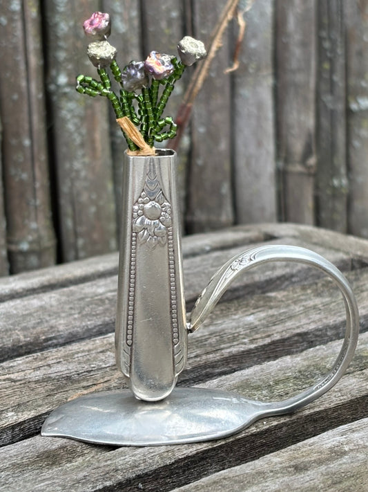 Upcycled Silver Plate Knife Handle Bud Vase with Handmade Czech Glass Flowers