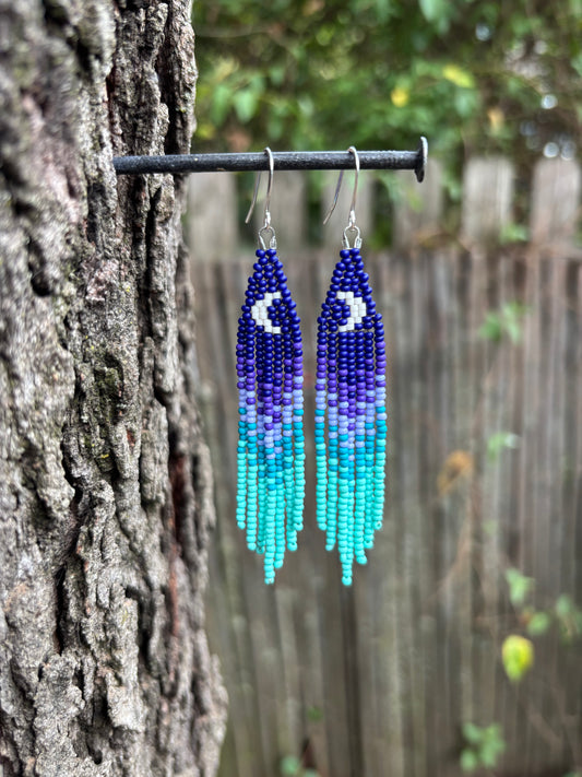 Glass Beaded Fringe Moon Earrings