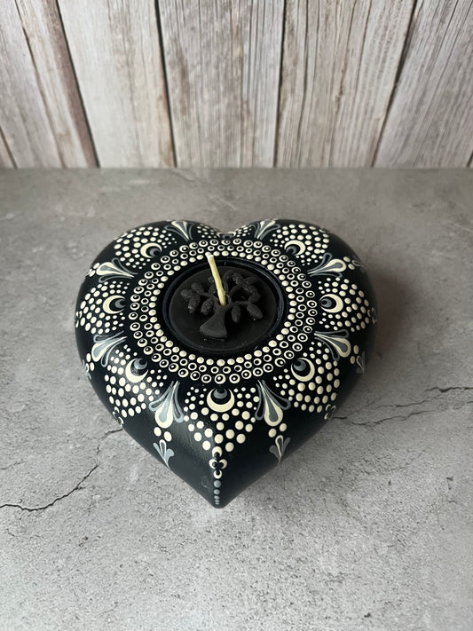 Concrete Heart Mandala Tealight Tea Light Holder Black and White