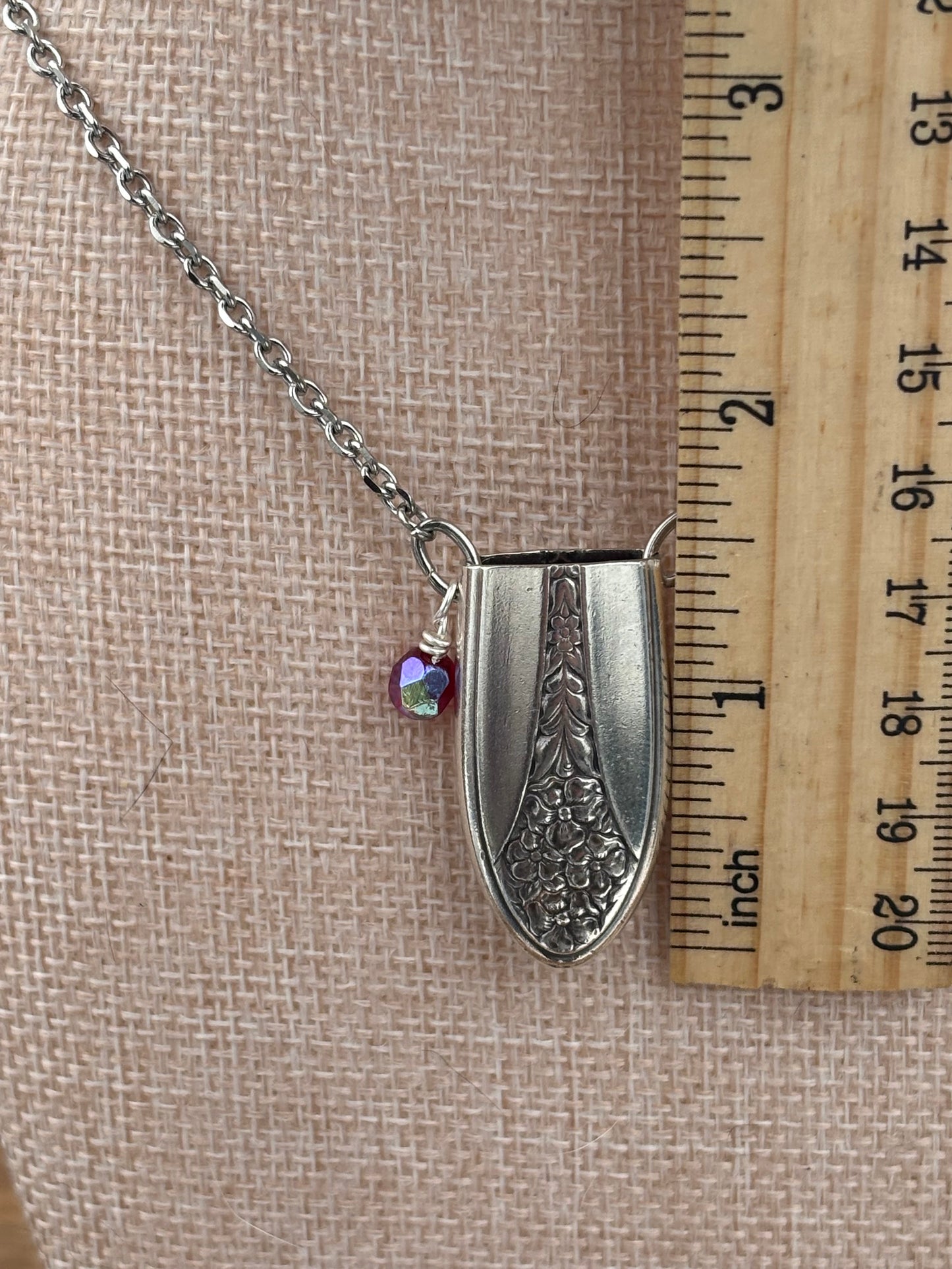Up-Cycled Vintage Silverware Essential Oil Diffuser Pendant with Red Crystal