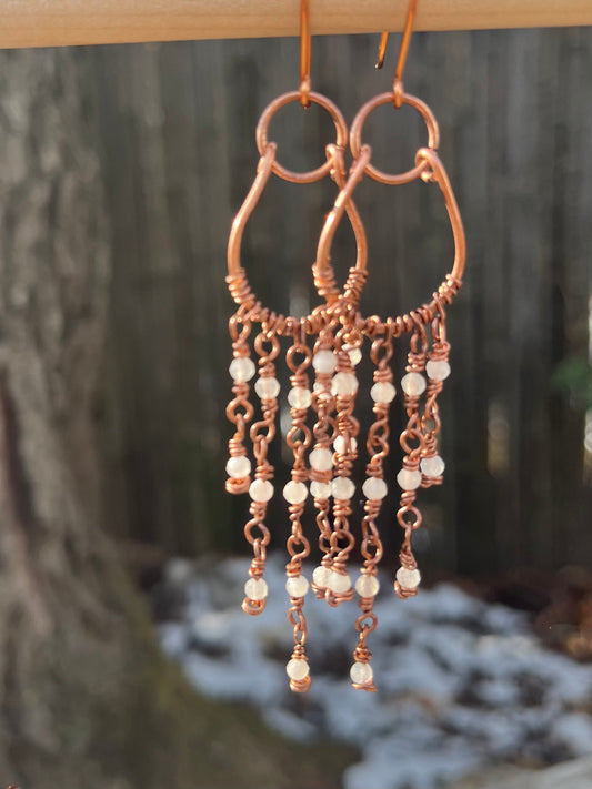 Copper Wire Chandelier Earrings Czech Moonstone Beads