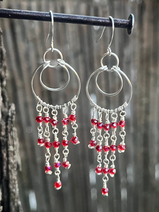 Silver Chandelier Earrings Red