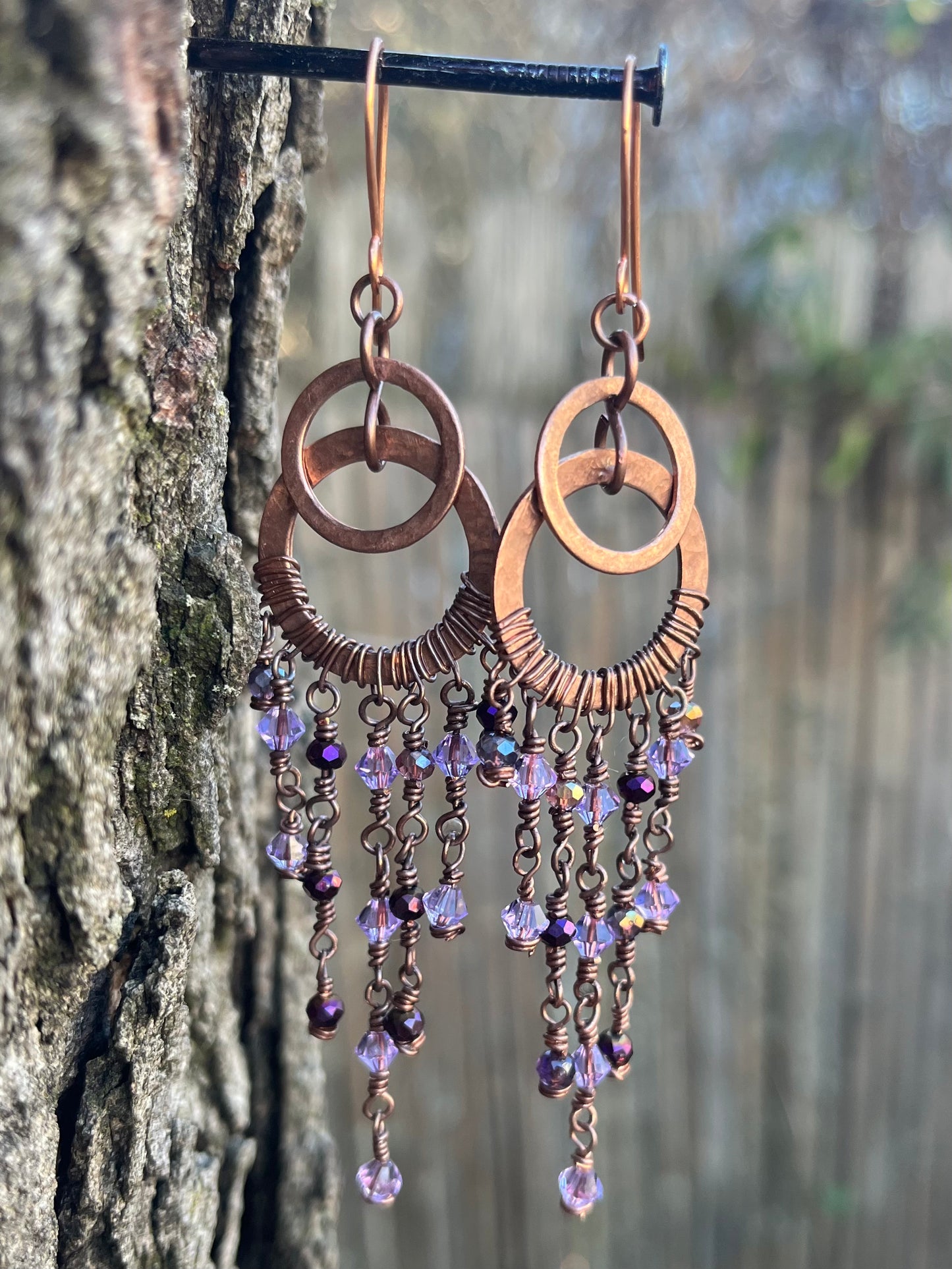 Copper Wire Chandelier Earrings Purple Large