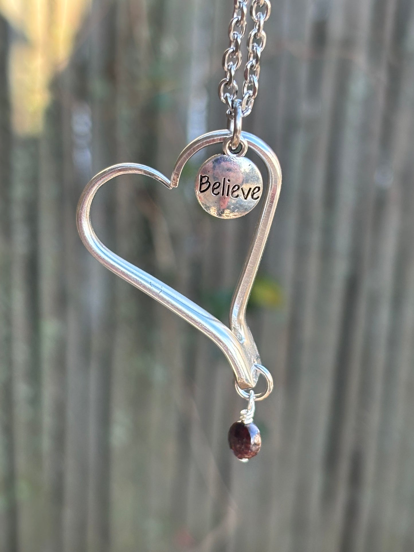 Up-Cycled Vintage Silverware Open Heart Pendant Believe