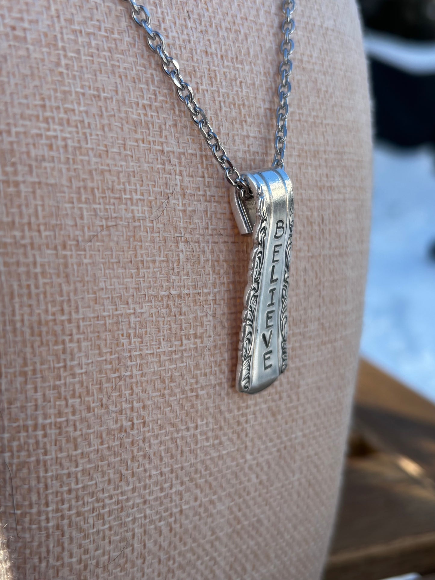 Up-Cycled Vintage Silverware Pendant Believe