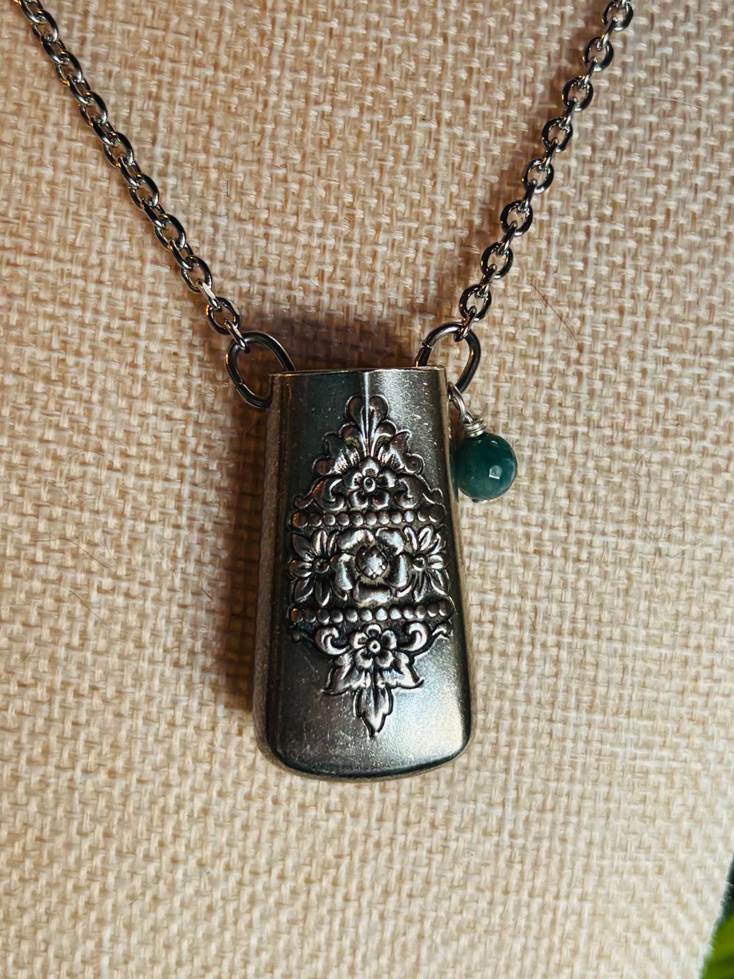 Up-Cycled Vintage Silverware Essential Oil Diffuser Pendant with Moss Agate