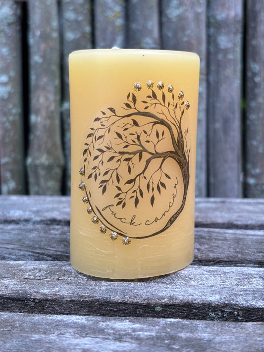 Decorated 100% PURE Beeswax Candle - Pillar- Fuck Cancer