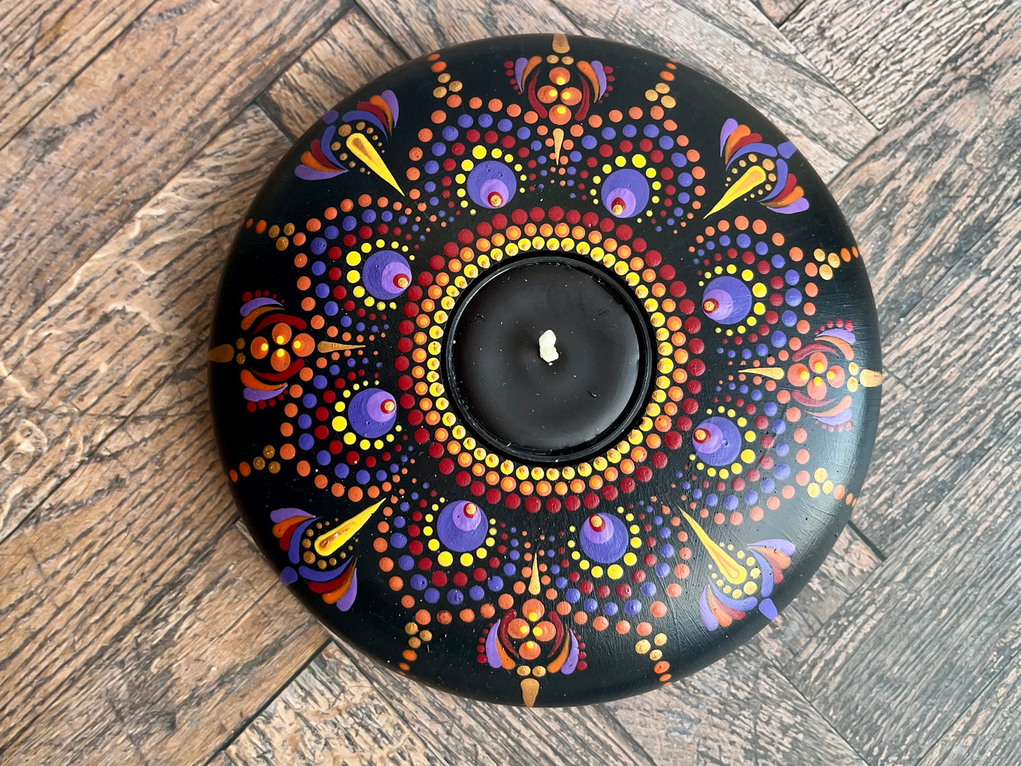 Concrete Mandala Tealight Tea Light Holder , Yellow, Orange, Red and Purple LARGE