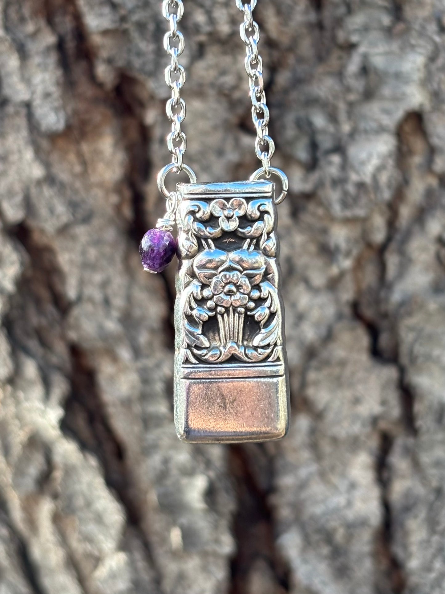 Up-Cycled Vintage Silverware Essential Oil Diffuser Pendant with Amethyst Crystal