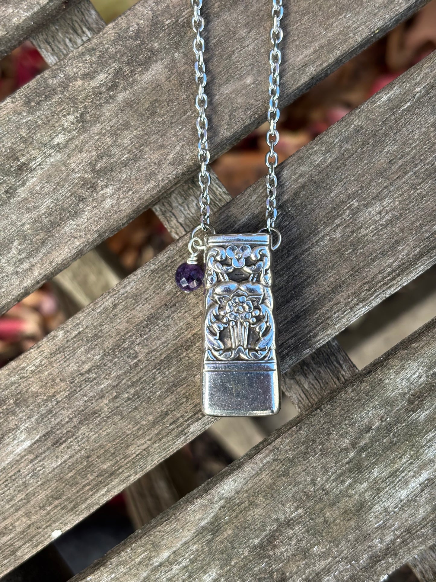 Up-Cycled Vintage Silverware Essential Oil Diffuser Pendant with Amethyst Crystal