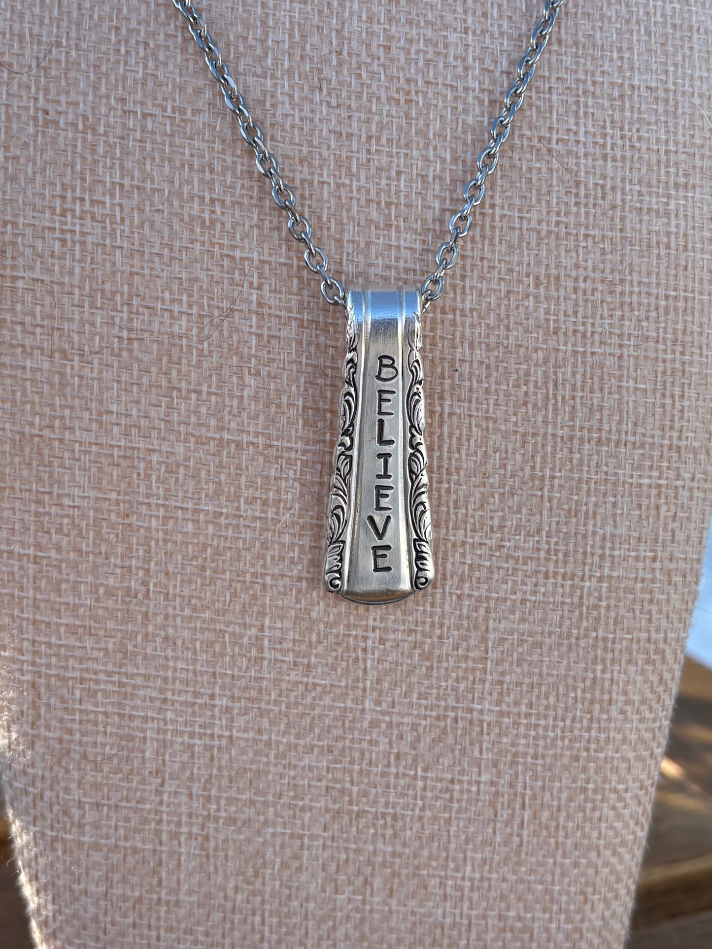 Up-Cycled Vintage Silverware Pendant Believe