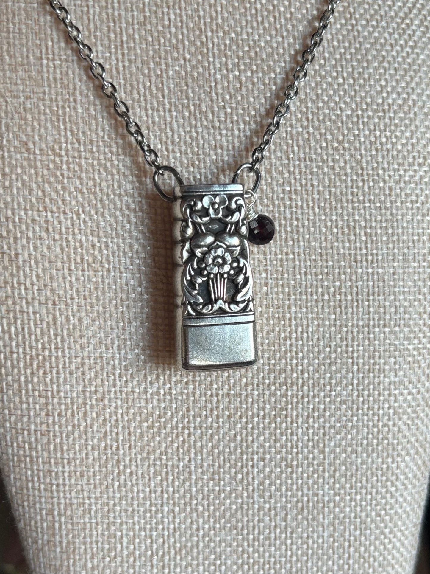 Up-Cycled Vintage Silverware Essential Oil Diffuser Pendant with Garnet Crystal