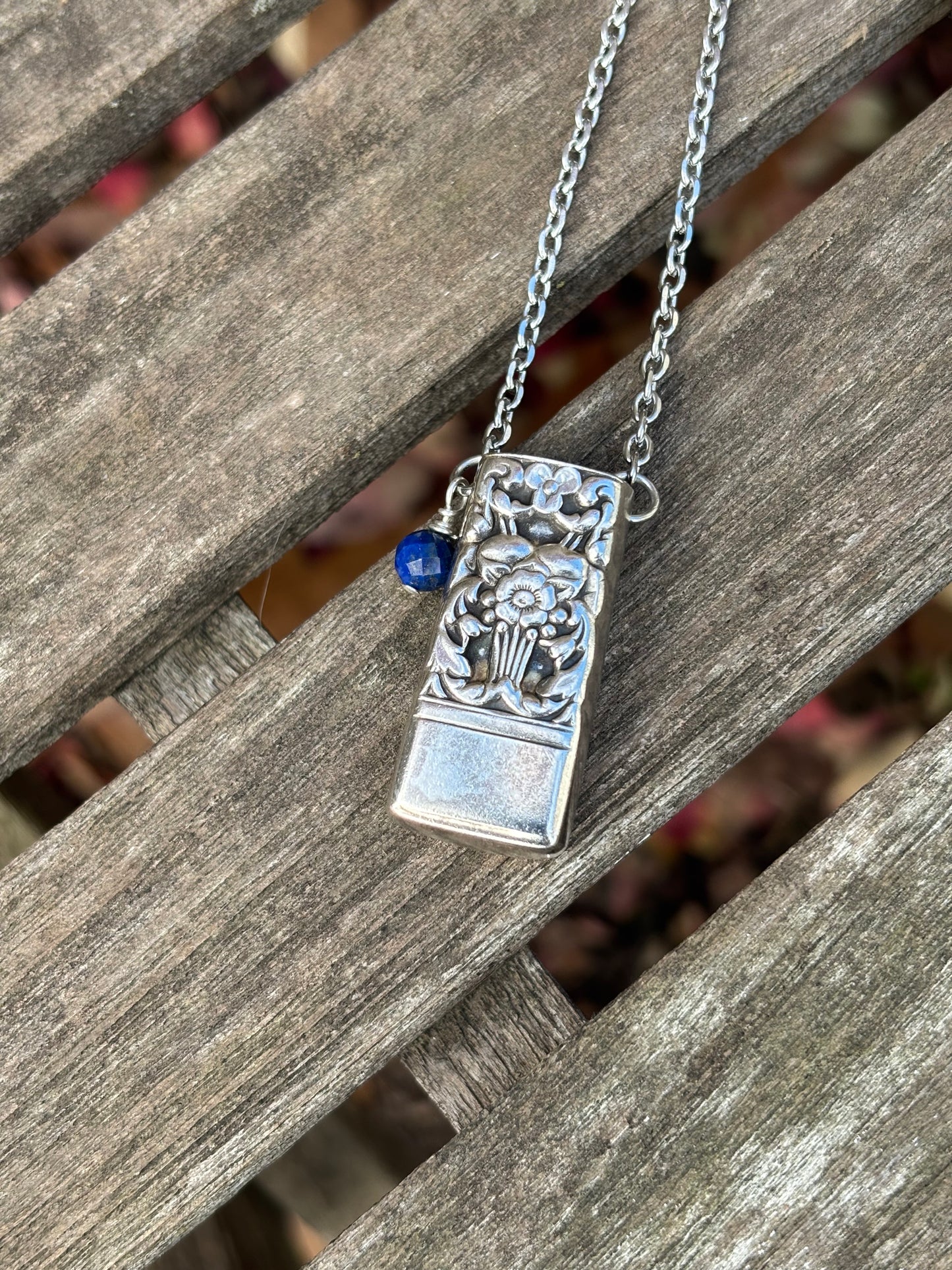 Up-Cycled Vintage Silverware Essential Oil Diffuser Pendant with Lapis Crystal