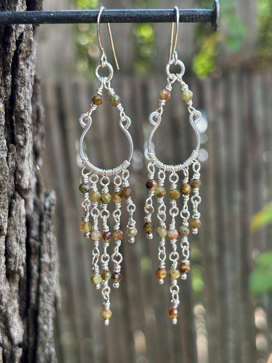 Silver Chandelier Earrings Green Garnet