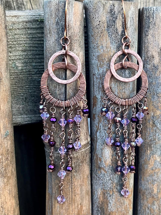 Copper Wire Chandelier Earrings Purple Large