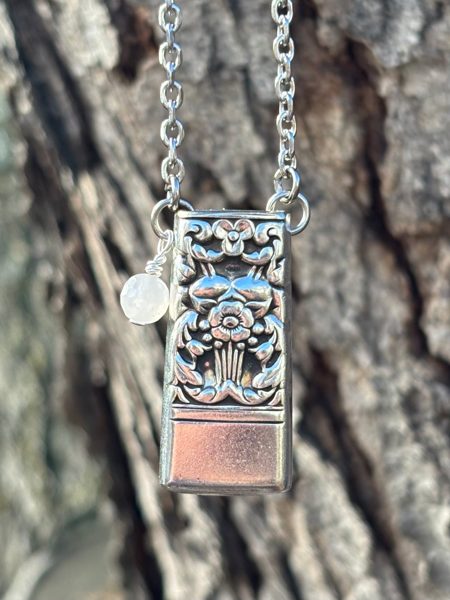 Up-Cycled Vintage Silverware Essential Oil Diffuser Pendant with Rose Quartz Crystal