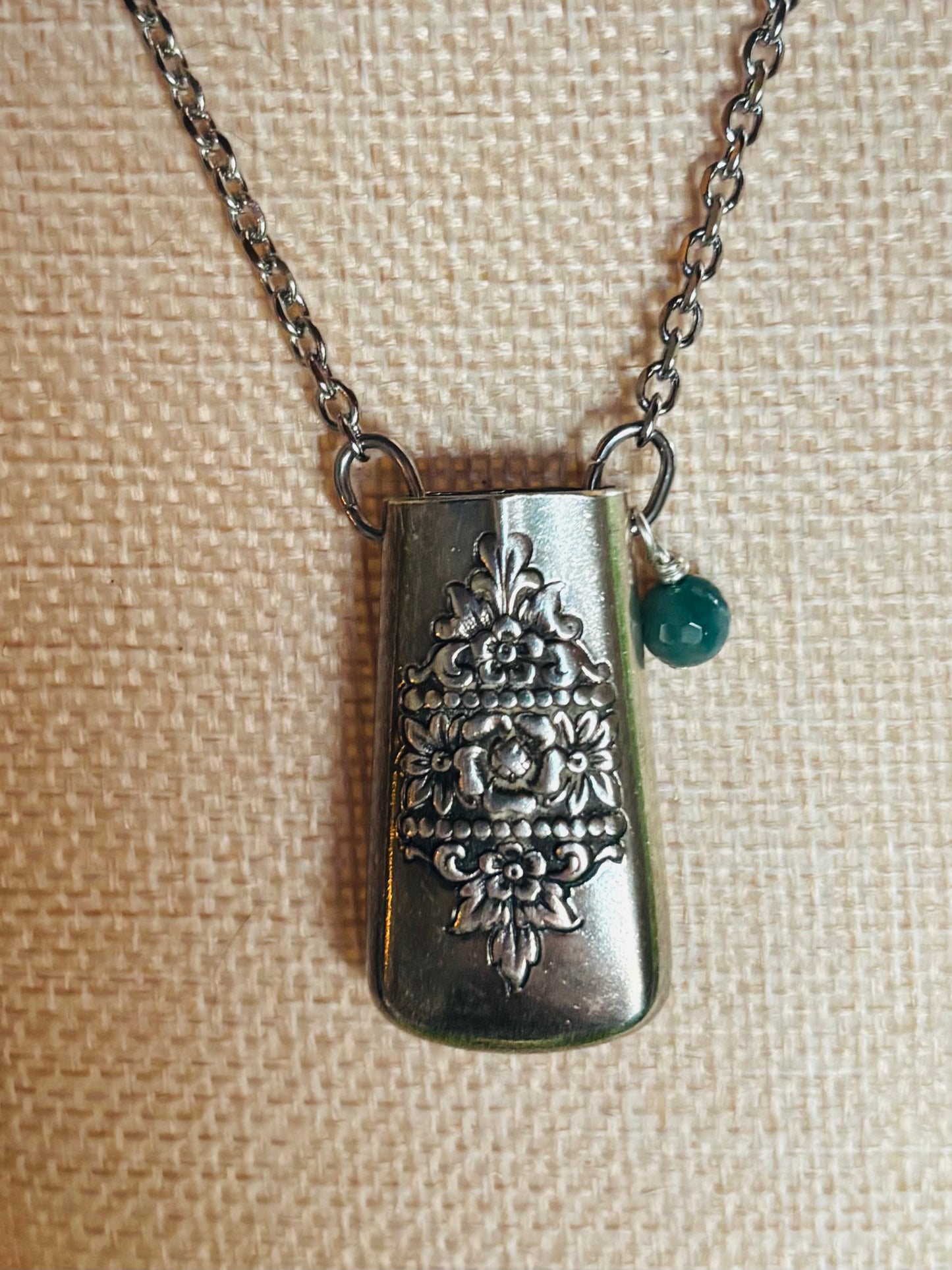 Up-Cycled Vintage Silverware Essential Oil Diffuser Pendant with Moss Agate