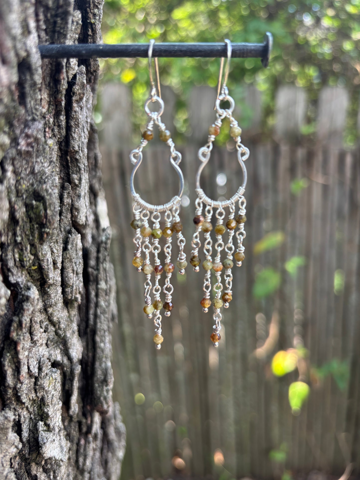 Silver Chandelier Earrings Green Garnet
