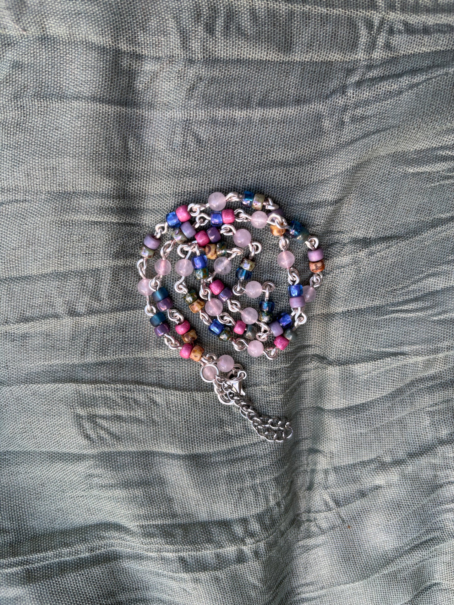 Semi-Precious Rose Quartz & Glass Bead Silver Chain Necklace-Choker