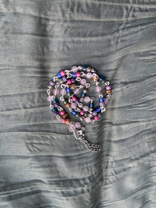 Semi-Precious Rose Quartz & Glass Bead Silver Chain Necklace-Choker
