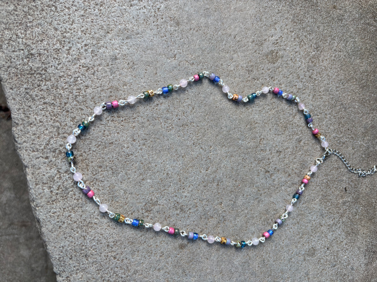 Semi-Precious Rose Quartz & Glass Bead Silver Chain Necklace-Choker