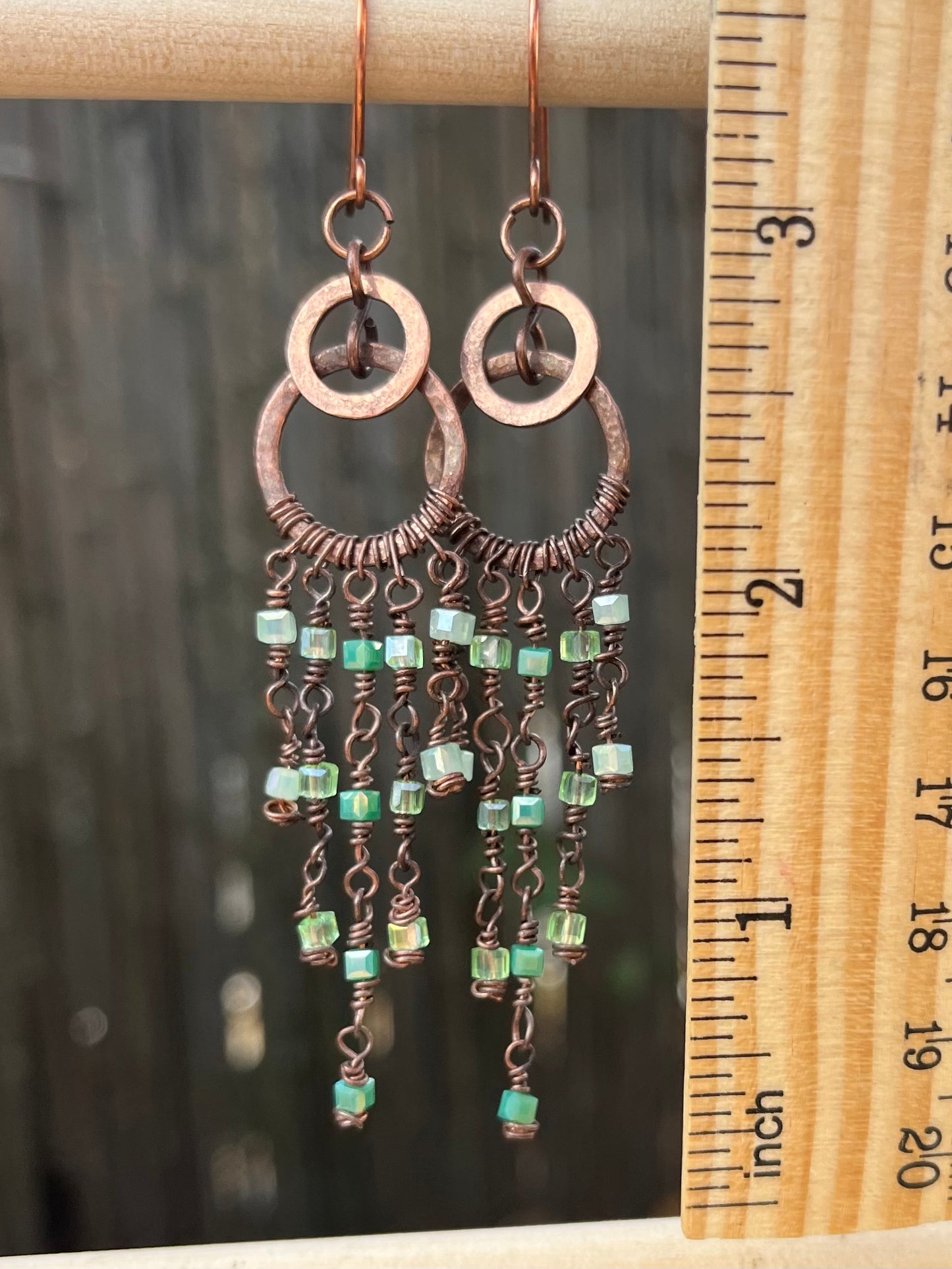 Copper Wire Chandelier Earrings Green