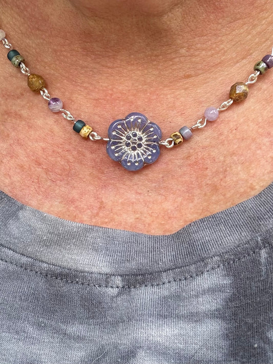 Semi-Precious & Czech Glass Silver Chain Necklace-Choker