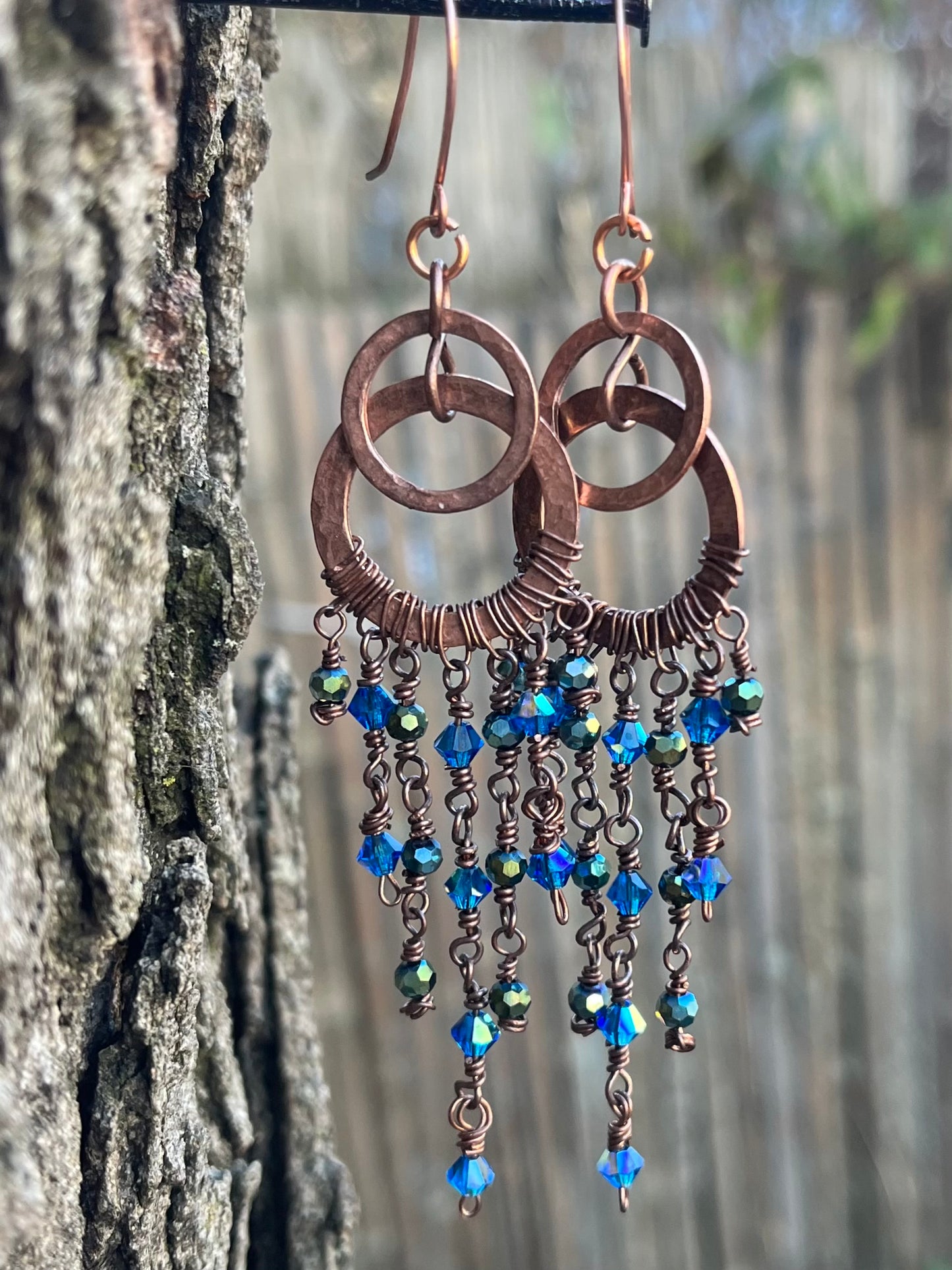 Copper Wire Chandelier Earrings Blue Large