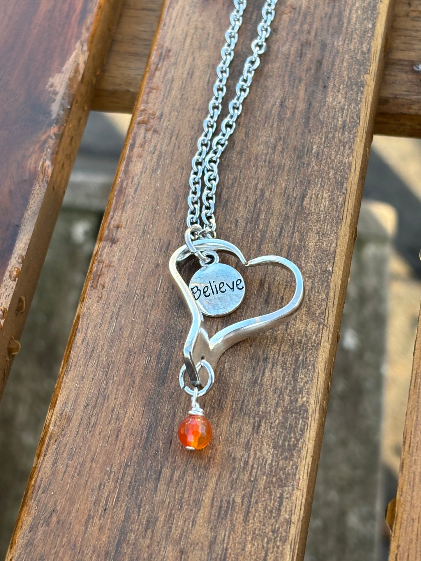 Up-Cycled Vintage Silverware Open Heart Pendant Believe