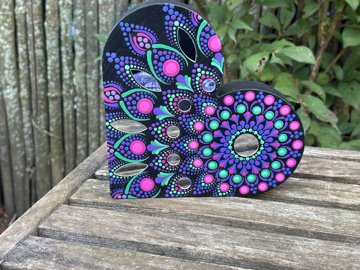 Hand Painted Mandala Mirror Heart - Jewel Tones
