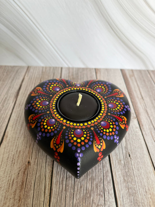 Concrete Heart Mandala Tealight Tea Light Holder Red, Orange, Yellow and Purple