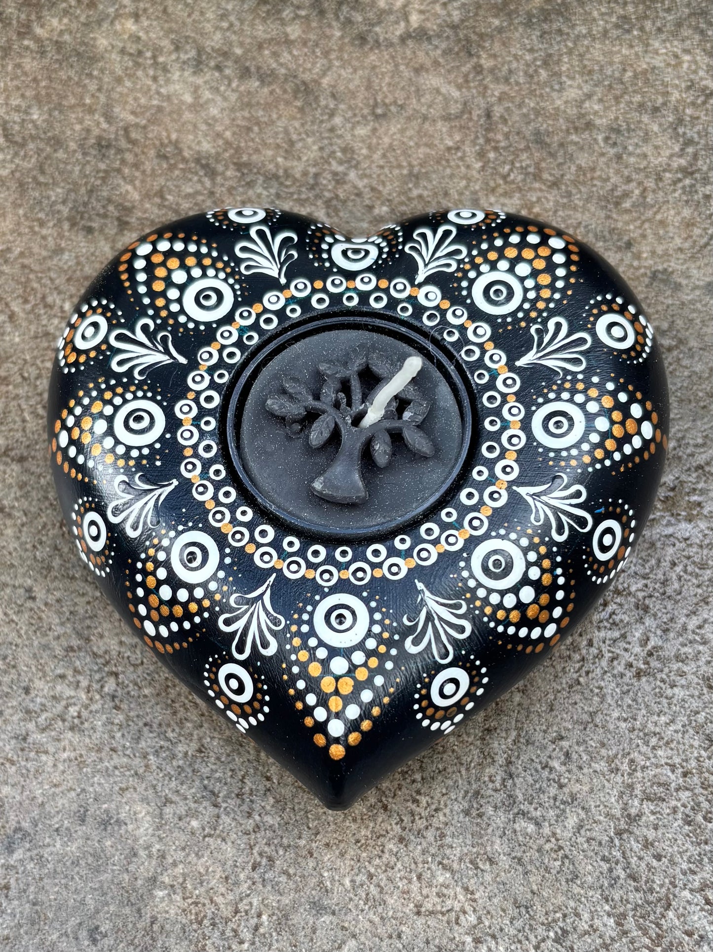 Concrete Heart Mandala Tealight Tea Light Holder Black and White