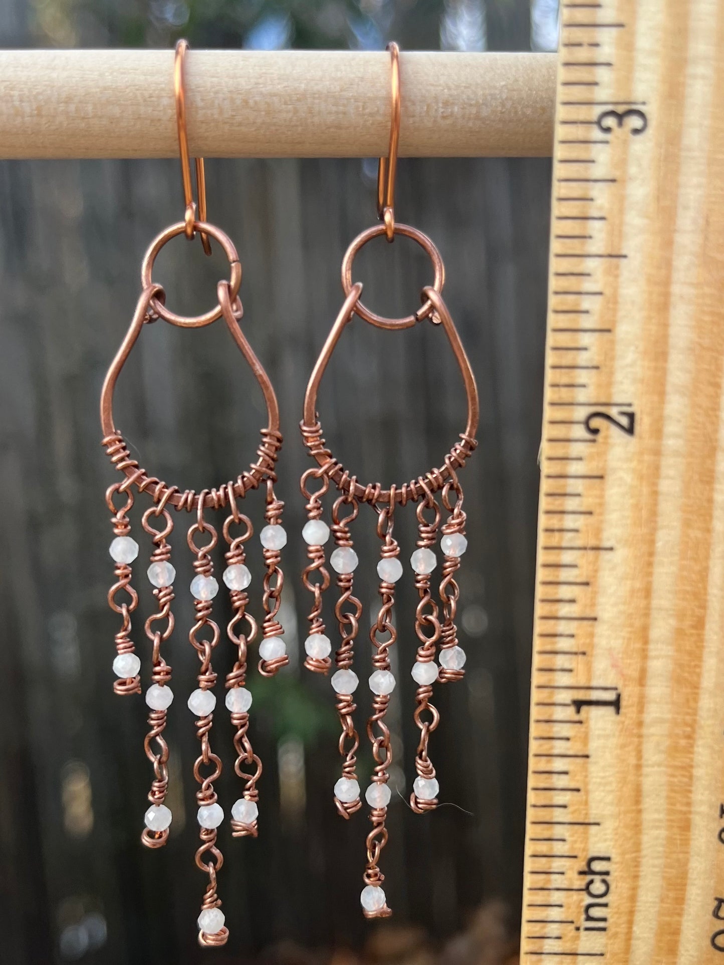 Copper Wire Chandelier Earrings Czech Moonstone Beads