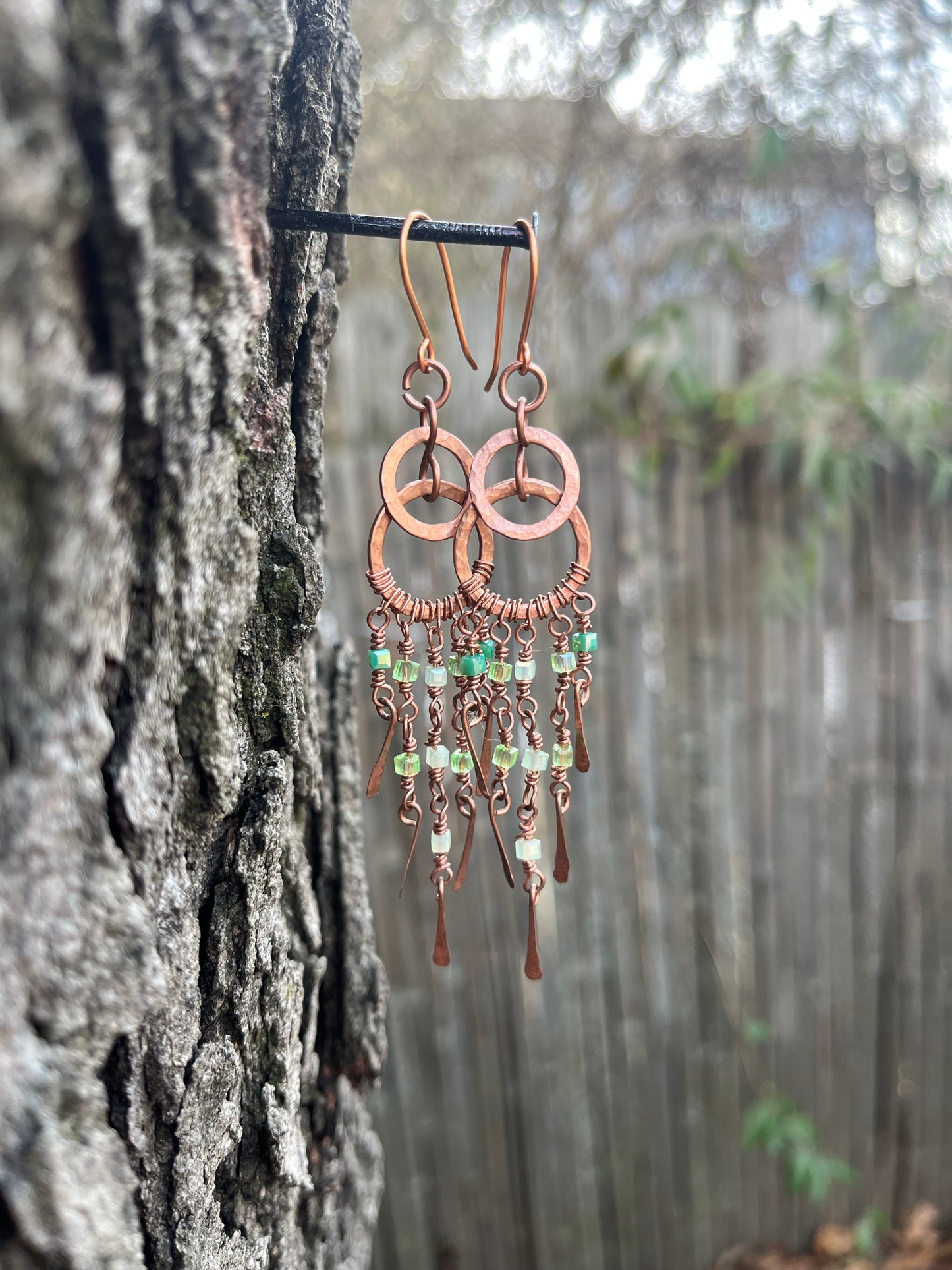 Copper Wire Chandelier Earrings Green