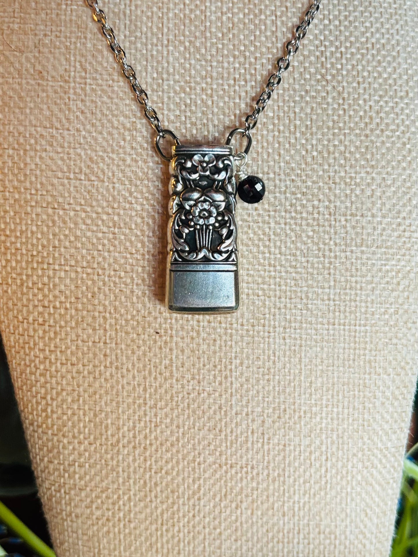 Up-Cycled Vintage Silverware Essential Oil Diffuser Pendant with Garnet Crystal