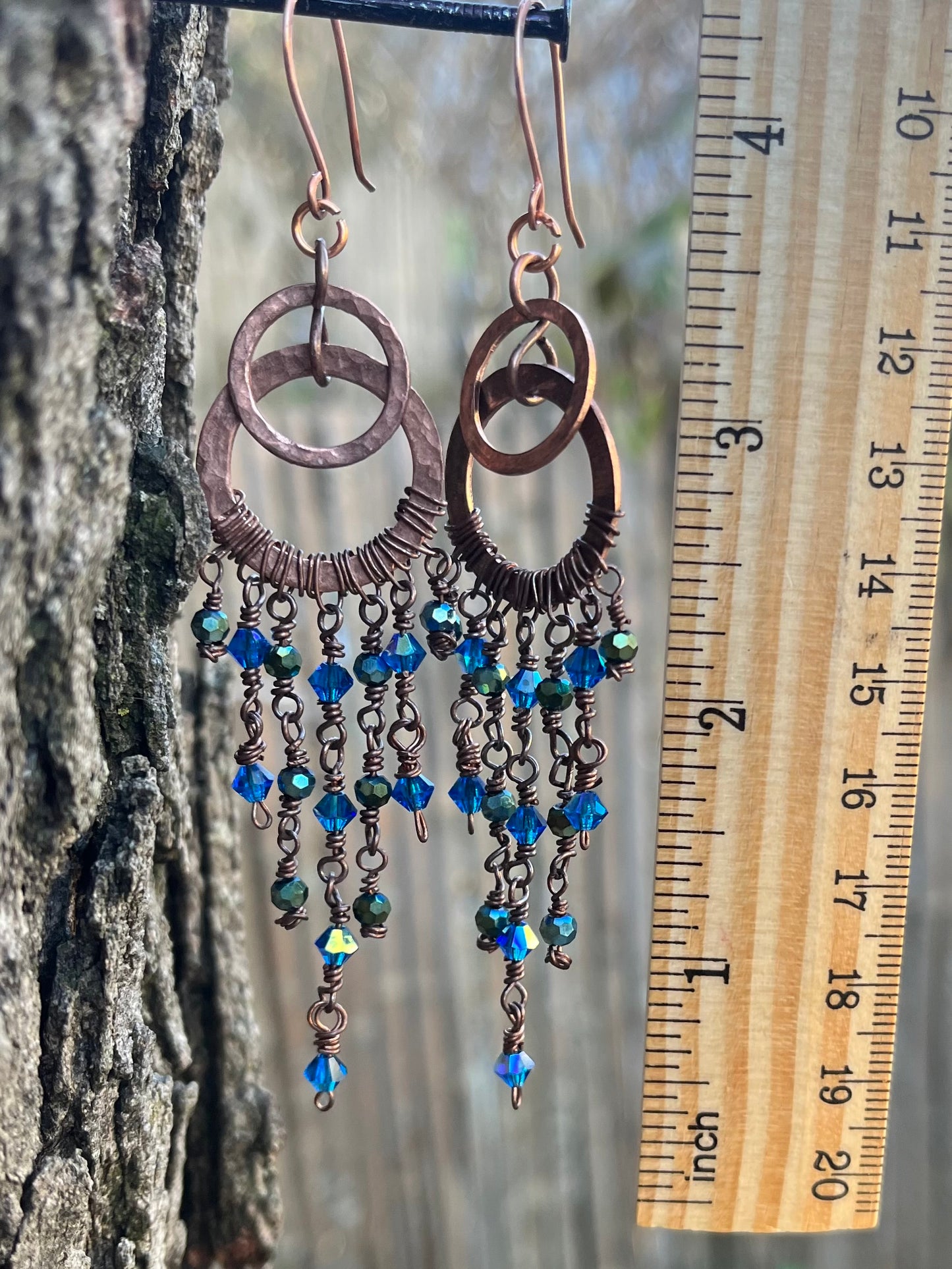 Copper Wire Chandelier Earrings Blue Large