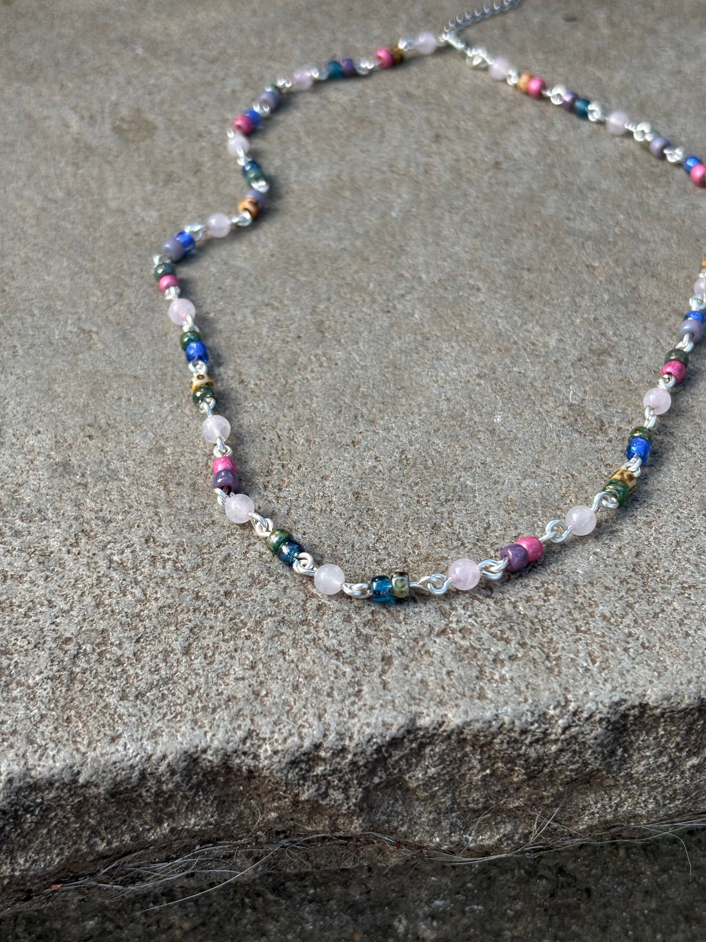 Semi-Precious Rose Quartz & Glass Bead Silver Chain Necklace-Choker