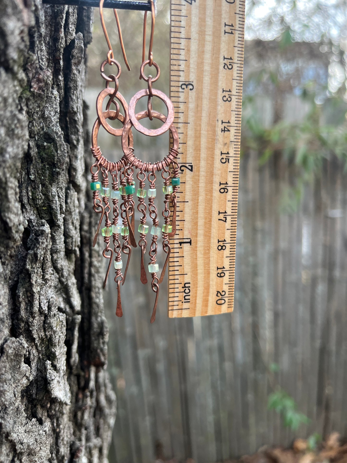 Copper Wire Chandelier Earrings Green