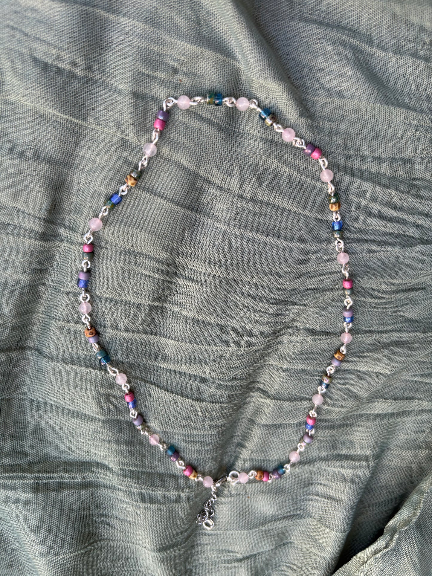 Semi-Precious Rose Quartz & Glass Bead Silver Chain Necklace-Choker